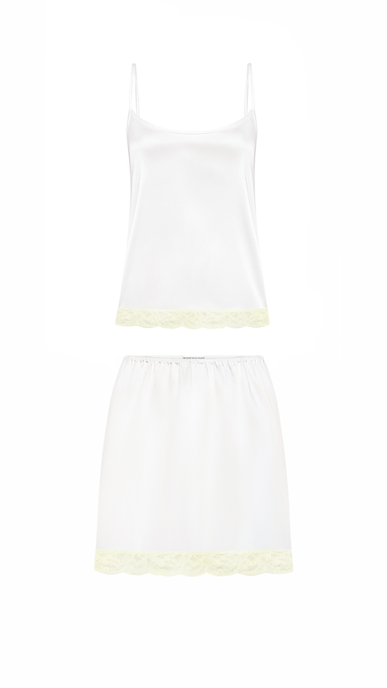 Satin mini suit with milk lace